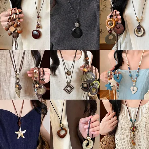 Collier Pendentif Rétro de Style Néo-Chinois Chaîne de Pull Longue Ethnique en Bois Alliage Résine Fait à la Main Bijoux Élégants