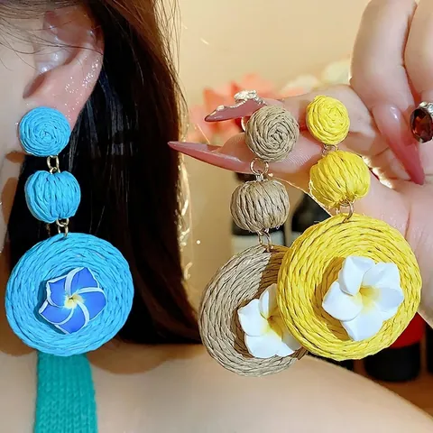 Bohemian Raffia Woven Drop Earrings With Polymer Clay Flower 925 Sterling Silver Earring Post Summer Vacation Handmade Jewelry For Women