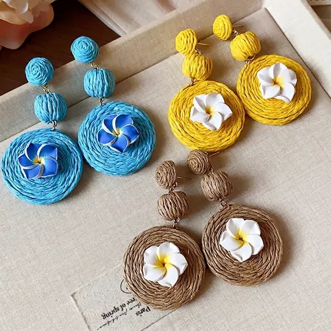 Bohemian Raffia Woven Drop Earrings With Polymer Clay Flower 925 Sterling Silver Earring Post Summer Vacation Handmade Jewelry For Women