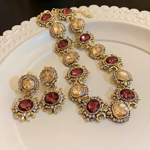 Vintage Hofstil Legierung Strass Halskette Ohrringe Set Luxuriös Gold Lila Bernstein Edelstein Eingelegt Choker Damen Schmuck