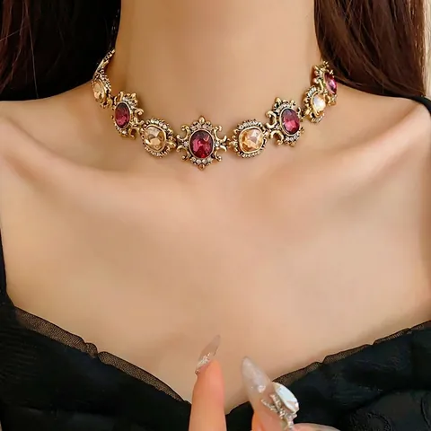 Parure de Bijoux en Strass Carré de Style Palais Vintage Élégant Collier et Boucles d'Oreilles en Or pour Mariage de Banquet Femmes