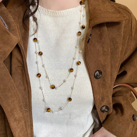 Damen Lange Lagen Tigerauge Halskette Naturstein Künstliche Perle Pullover Kette Eleganter Modeschmuck