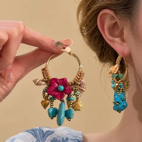 Pendientes De Aro Bohemios Con Poste De Plata De Ley 925 Aleación Cuerda Tejida Flor De Resina Concha Joyería Étnica Retro