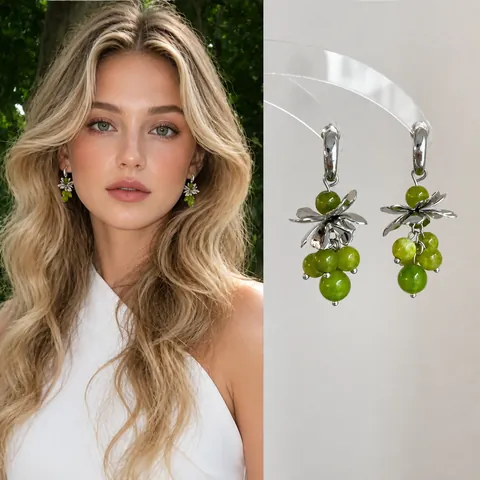 Forest Style Grape Cluster Tassel Earrings 925 Sterling Silver Earring Post Glass Beads Flower Drop Dangle Earrings Women Jewelry