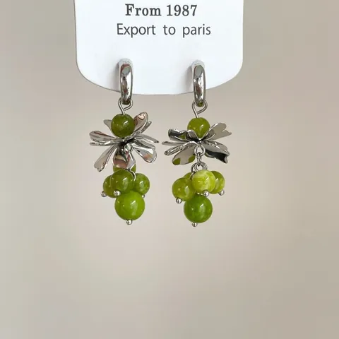 Forest Style Grape Cluster Tassel Earrings 925 Sterling Silver Earring Post Glass Beads Flower Drop Dangle Earrings Women Jewelry