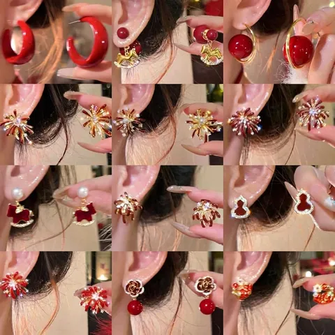 New Chinese Style Red Koi Fish Artificial Pearl Rhinestone Stud Earrings For Women Vintage Gold Alloy New Year Party Wedding Jewelry With Silver Earring Post
