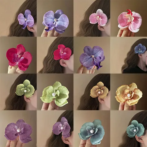 Sweet Fabric Orchid Flower Hair Clip With Artificial Pearl Elegant Floral Duckbill Clip Bangs Side Clip Fashion Women Hair Accessories