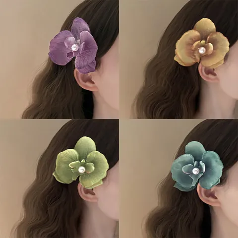 Sweet Fabric Orchid Flower Hair Clip With Artificial Pearl Elegant Floral Duckbill Clip Bangs Side Clip Fashion Women Hair Accessories