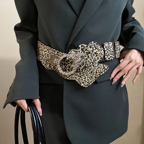 Women Vintage Wide Leopard Print Waist Belt With Rhinestone Butterfly Buckle Artificial Leather Alloy Waist Chain Accessories