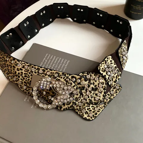 Women Vintage Wide Leopard Print Waist Belt With Rhinestone Butterfly Buckle Artificial Leather Alloy Waist Chain Accessories