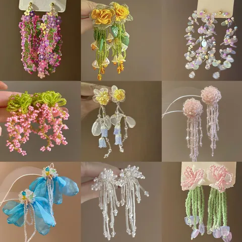 Handmade Seed Bead Flower Tassel Stud Earrings For Women Forest Style Floral Sequin Dangle Earrings Silver Post Sweet Jewelry