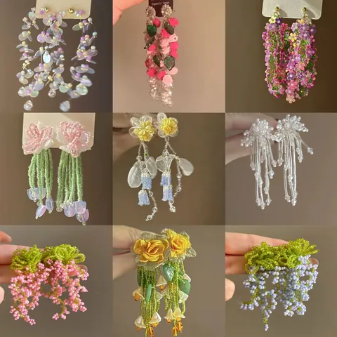 Handmade Seed Bead Flower Tassel Stud Earrings For Women Forest Style Floral Sequin Dangle Earrings Silver Post Sweet Jewelry