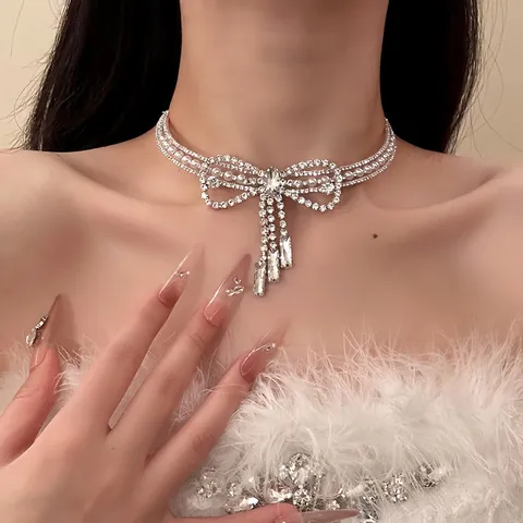 Bow Tassel Choker Necklace Copper Rhinestone Imitation Artificial Pearl Palace Style Elegant Clavicle Chain For Women Jewelry