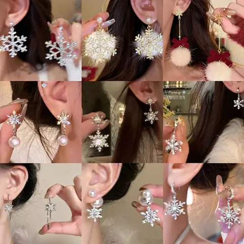 Winter Luxury Snowflake Earrings Rhinestone Artificial Pearl Fur Ball Drop Stud Earrings With Silver Earring Post For Women Christmas Jewelry