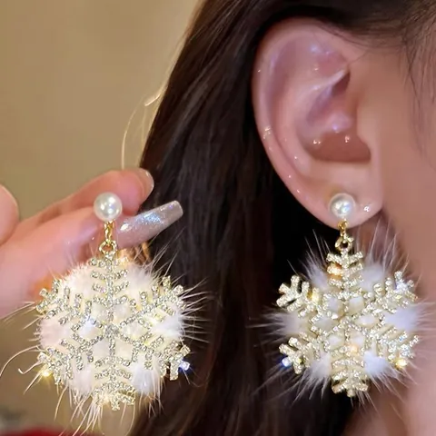 Winter Luxury Snowflake Earrings Rhinestone Artificial Pearl Fur Ball Drop Stud Earrings With Silver Earring Post For Women Christmas Jewelry