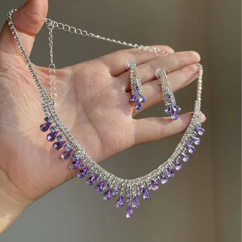 Parure de Bijoux Collier et Boucles d'Oreilles Gland Goutte d'Eau en Strass de Luxe Collier Ras du Cou en Cuivre pour Femme