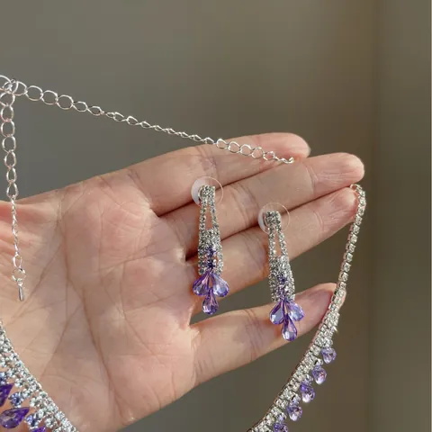 Parure de Bijoux Collier et Boucles d'Oreilles Gland Goutte d'Eau en Strass de Luxe Collier Ras du Cou en Cuivre pour Femme