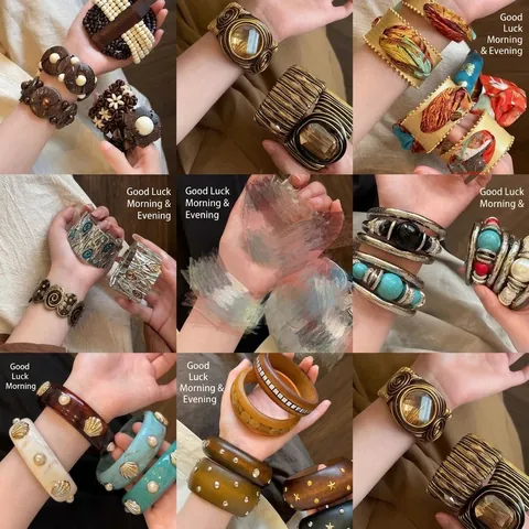 Bracciale Rigido in Resina Geometrica per Donna Stile Etnico Bohémien Retro Grosso in Resina Legno Bracciale Moda Gioielli Accessori