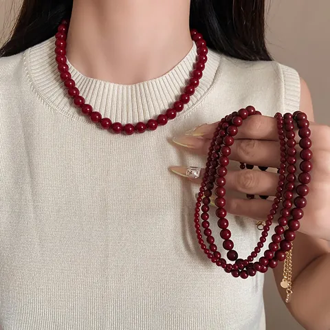 Collar de Cuentas de Vidrio Redondas Rojo Ancora Cadena de Clavícula de Acero Inoxidable Estilo Vintage de Hong Kong Gargantilla Elegante para Mujer Joyería