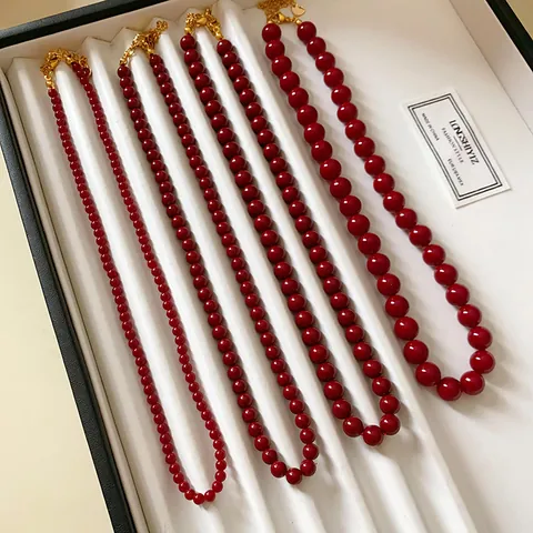 Collar de Cuentas de Vidrio Redondas Rojo Ancora Cadena de Clavícula de Acero Inoxidable Estilo Vintage de Hong Kong Gargantilla Elegante para Mujer Joyería