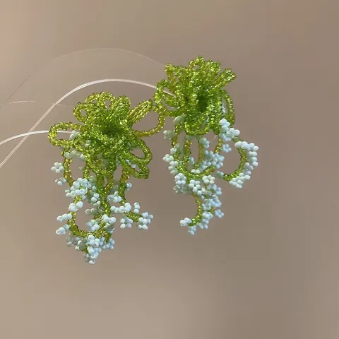 Handmade Flower Crystal Tassel Earrings With Silver Earring Post Sweet Forest Aesthetic Fairy Organza Petal Jewelry For Women