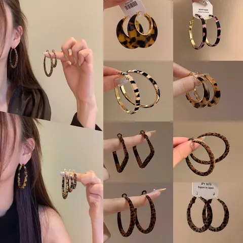 Orecchini a Cerchio Grande in Pelle Sintetica con Stampa Leopardata Vintage per Donna Lega Oro Geometrico Perno in Argento Gioielli