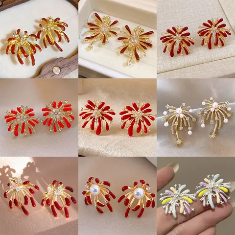 Vintage Firework Stud Earrings for Women Alloy Rhinestone Enamel Drip Jewelry with Silver Earring Post Festive New Year Gift