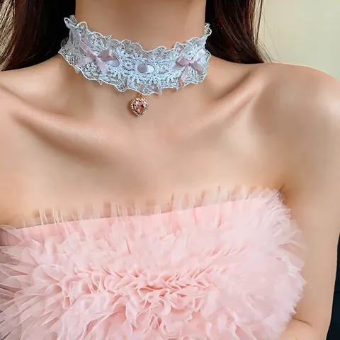 Spitze Schleife Kropfband Halskette Für Damen Herz Strass Anhänger Lolita Stil Mode Schmuck Geschenk Für Party