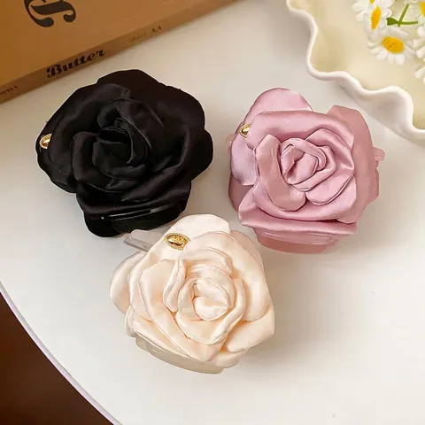 Elegant Satin Fabric Flower Hair Claw Clip Handmade Sweet Rose Small Shark Clip Fashion Hair Accessories For Women