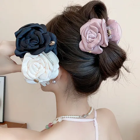 Elegant Satin Fabric Flower Hair Claw Clip Handmade Sweet Rose Small Shark Clip Fashion Hair Accessories For Women