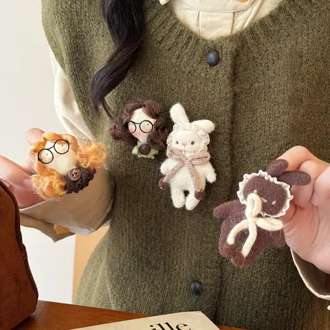 Handmade Plush Cartoon Doll Brooch Cute Knitted Rabbit Girl With Glasses Pin Kawaii Mori Style Accessory For Women