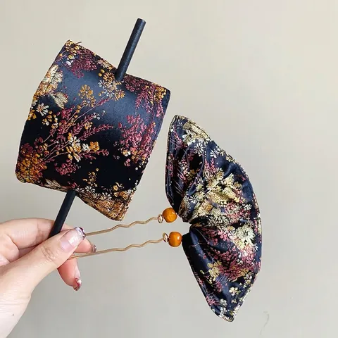 New Chinese Style Embroidered Flower Fabric Hair Stick Retro Square Fan Shaped Hair Pin For Women Hair Accessories