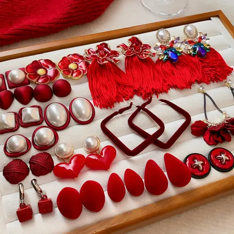 Vintage Red Flower Heart Bowknot Tassel Earrings With 925 Sterling Silver Earring Post Alloy Rhinestone Artificial Pearl Stud Earrings For Women