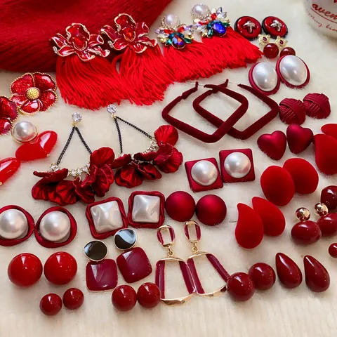 Vintage Red Flower Heart Bowknot Tassel Earrings With 925 Sterling Silver Earring Post Alloy Rhinestone Artificial Pearl Stud Earrings For Women