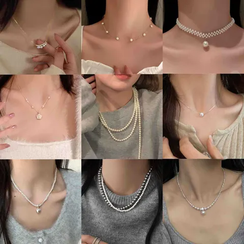Elegante Collar Francés con Corazón y Perla Artificial de Aleación Galvanizada Efecto de Plata Triturada Cadena de Clavícula para Mujer Accesorio de Joyería de Moda
