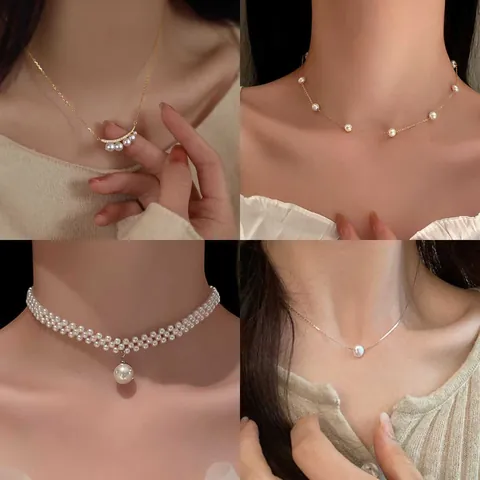 Elegante Collar Francés con Corazón y Perla Artificial de Aleación Galvanizada Efecto de Plata Triturada Cadena de Clavícula para Mujer Accesorio de Joyería de Moda