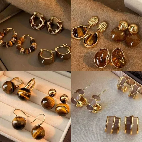 Orecchini a Bottone con Pendente Geometrico Maillard Vintage in Occhio di Tigre Perno in Argento Sterling 925 Placcato Oro Orecchini Retro per Donna Gioielli