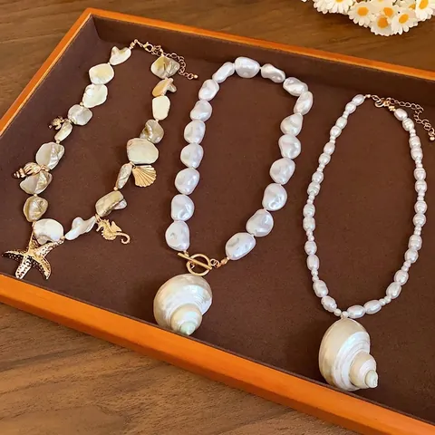 Collar de Perlas Artificiales Barrocas Caracol de Mar Estrella de Mar para Mujer Estilo Bohemio de Vacaciones en la Playa Colgante de Aleación y Concha