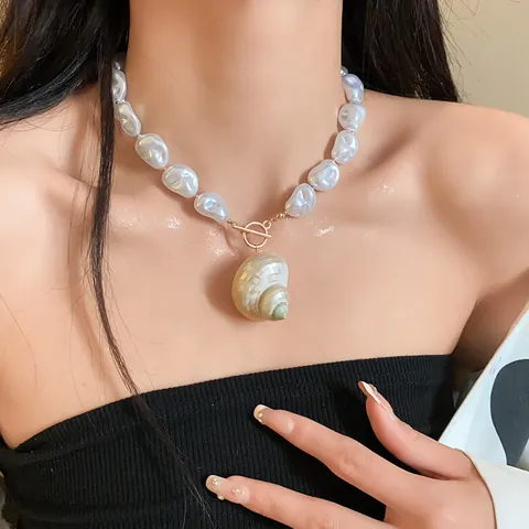 Collar de Perlas Artificiales Barrocas Caracol de Mar Estrella de Mar para Mujer Estilo Bohemio de Vacaciones en la Playa Colgante de Aleación y Concha