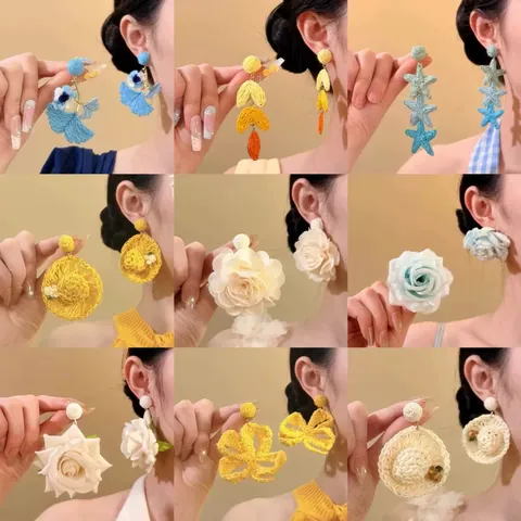 Raffia Handwoven Flower Drop Earrings With Silver Earring Post Bohemian Seaside Vacation Style Floral Stud Earrings For Women