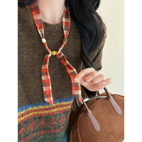Bohemian Fabric Wood Bead Ceramic Necklace For Women Ethnic Retro Print Satin Ribbon Choker Accessory