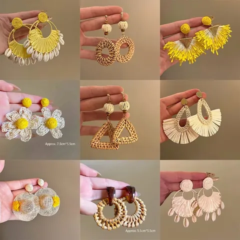 Böhmische Raffia Gewebte Wassertropfen Ohrringe Silber Ohrringpfosten Muschel Holzperle Strandurlaub Handgefertigter Schmuck