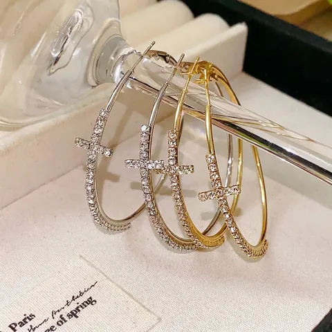 Pendientes de Aro de Cruz de Estrás de Lujo Con Poste de Plata Pendientes Geométricos Circulares para Mujer Joyería Regalo