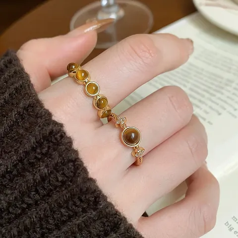 Vintage Maillard Style Tiger Eye Stone Open Ring Real Gold Plated Zirconia Inlaid Adjustable Finger Ring For Women Fashion Jewelry