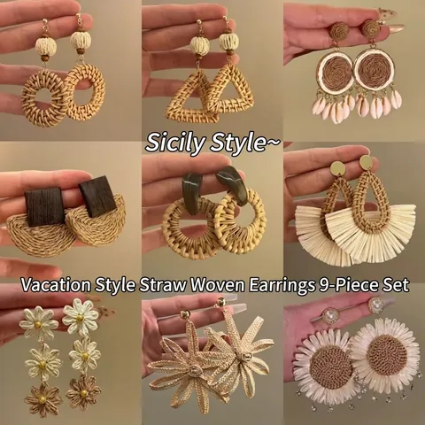 Handmade Raffia Woven Pendant Earrings For Women Resort Style Bohemian Straw Geometric Floral Starfish Silver Earring Post Jewelry
