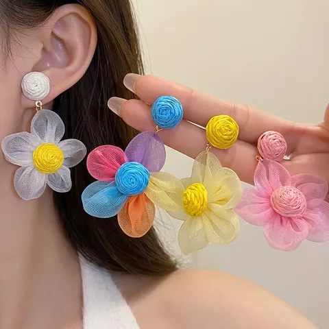 Handmade Chiffon Flower Drop Earrings For Women Sweet Raffia Straw Floral Dangle Earrings 925 Sterling Silver Post Vacation Jewelry