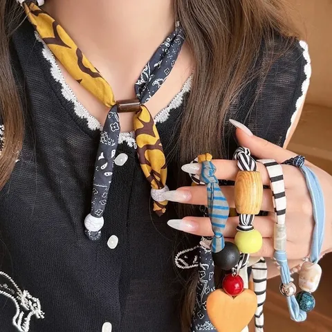 Vintage Leopardenmuster Schal Halskette Für Damen Handgefertigte Satin Stoff Anhänger Halskette Mit Künstlicher Perle Holzperlen Bohemian Pulloverkette Schmuck