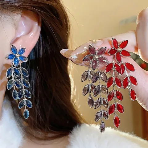 Eleganti Orecchini Pendenti con Nappina a Forma di Fiore Spiga di Grano Foglia per Donna Perno in Argento Vetro Strass Gioielli di Lusso