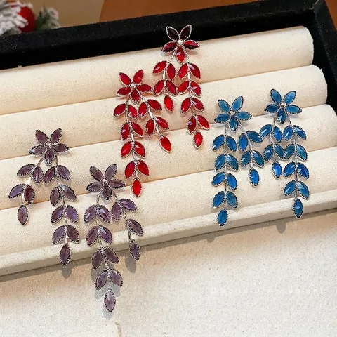 Eleganti Orecchini Pendenti con Nappina a Forma di Fiore Spiga di Grano Foglia per Donna Perno in Argento Vetro Strass Gioielli di Lusso