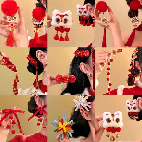 Chinese Style New Year Red Plush Hair Clip Handmade Lion Dance Ingot Tassel Hairpin Festive Duckbill Clip For Women